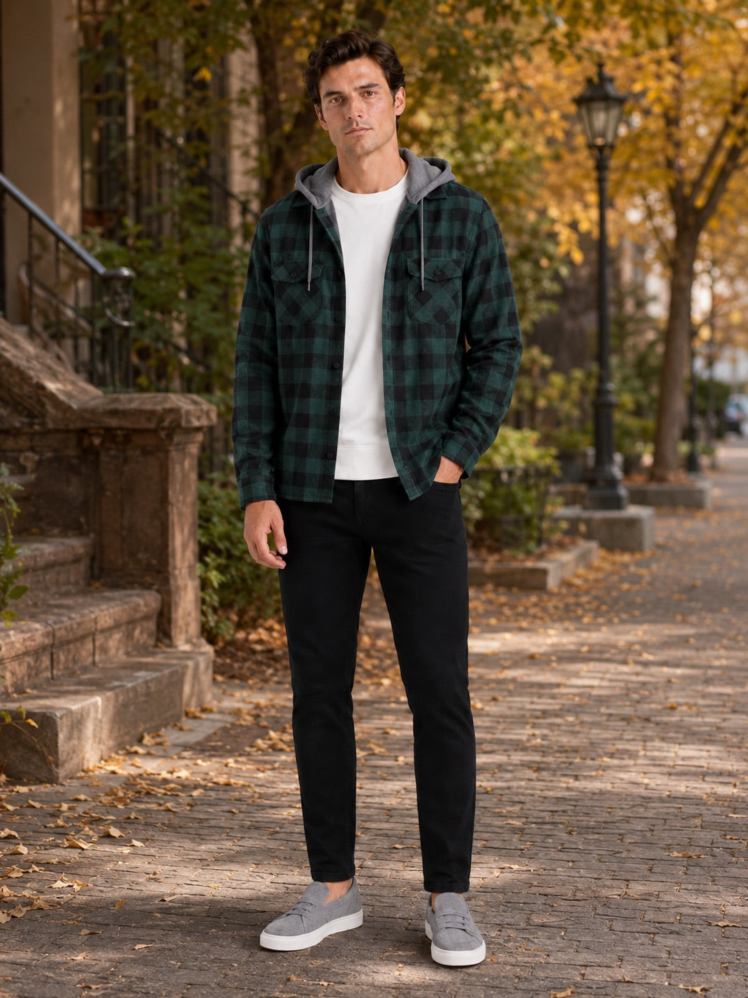 Men’s Check Hooded Flannel Autumn Jacket Long Sleeve Button-Down Flannel for Autumn Casual Steetwear and Outdoor Wear