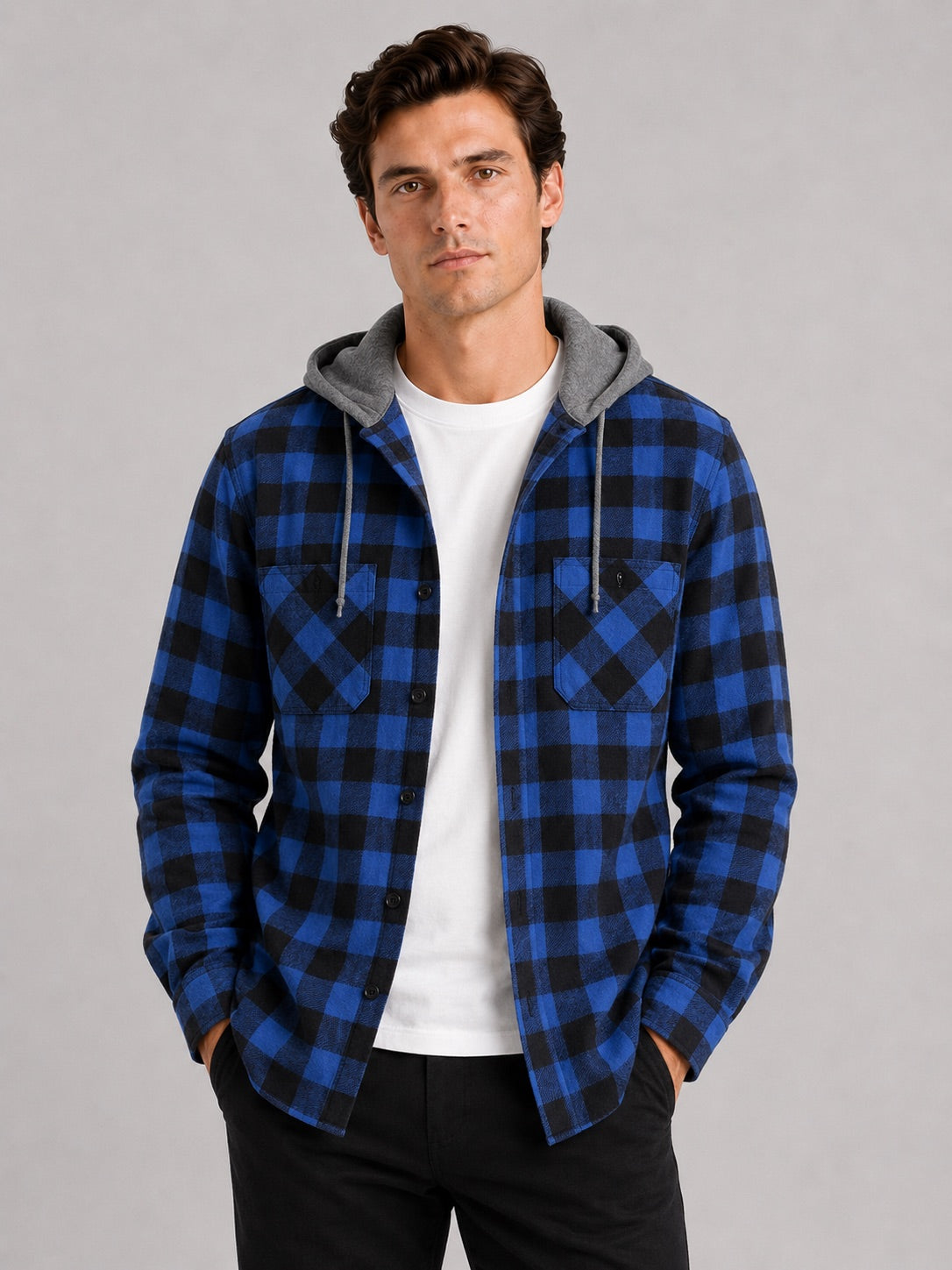 Men’s Check Hooded Flannel Autumn Jacket Long Sleeve Button-Down Flannel for Autumn Casual Steetwear and Outdoor Wear
