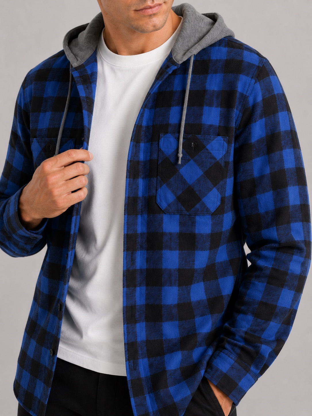 Men’s Check Hooded Flannel Autumn Jacket Long Sleeve Button-Down Flannel for Autumn Casual Steetwear and Outdoor Wear