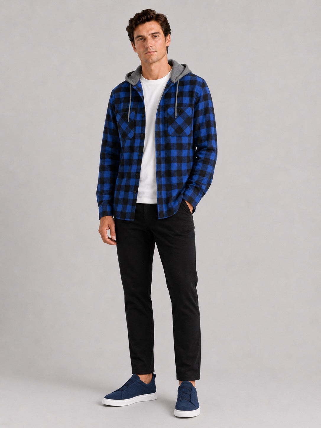 Men’s Check Hooded Flannel Autumn Jacket Long Sleeve Button-Down Flannel for Autumn Casual Steetwear and Outdoor Wear