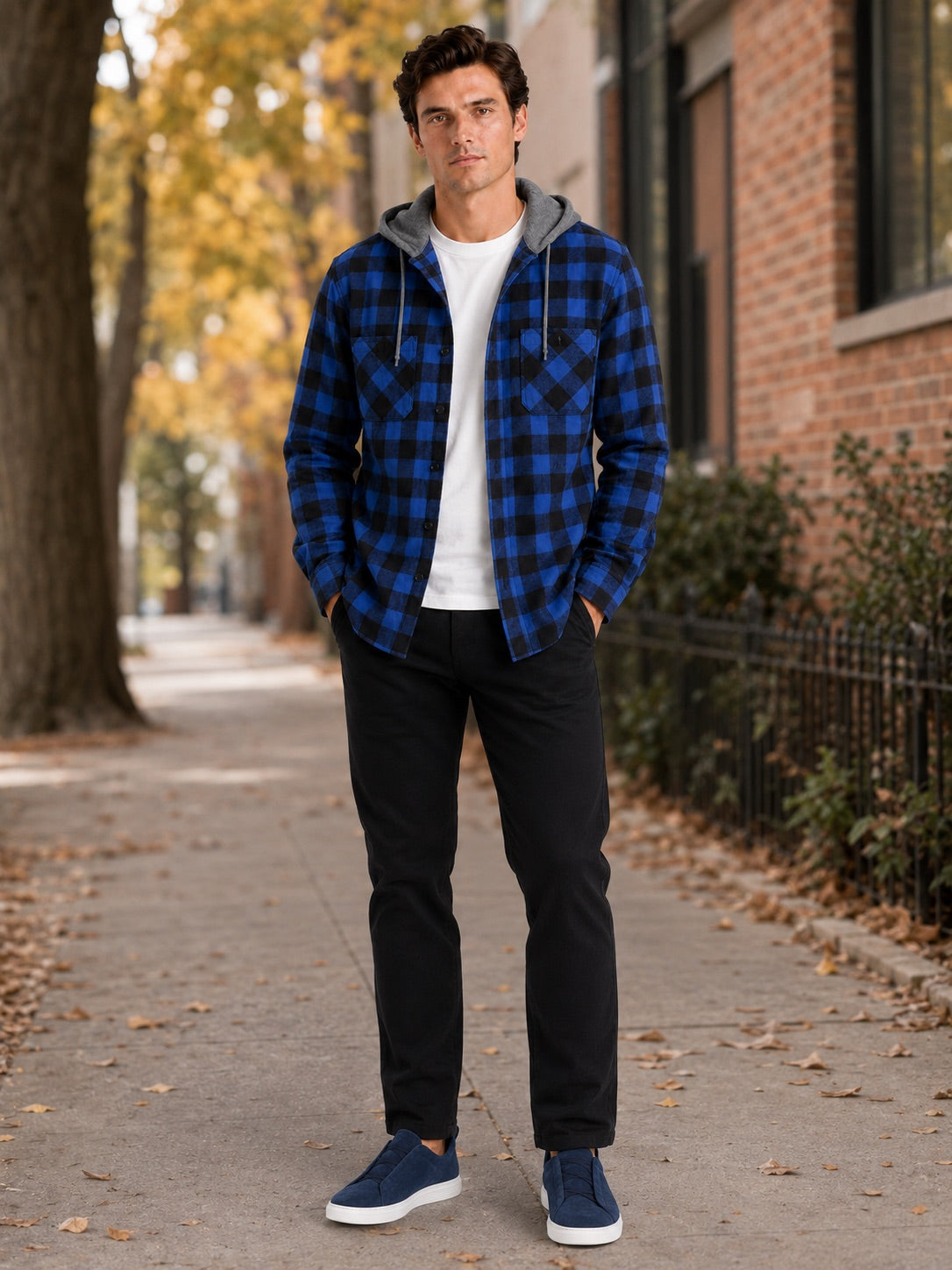 Men’s Check Hooded Flannel Autumn Jacket Long Sleeve Button-Down Flannel for Autumn Casual Steetwear and Outdoor Wear