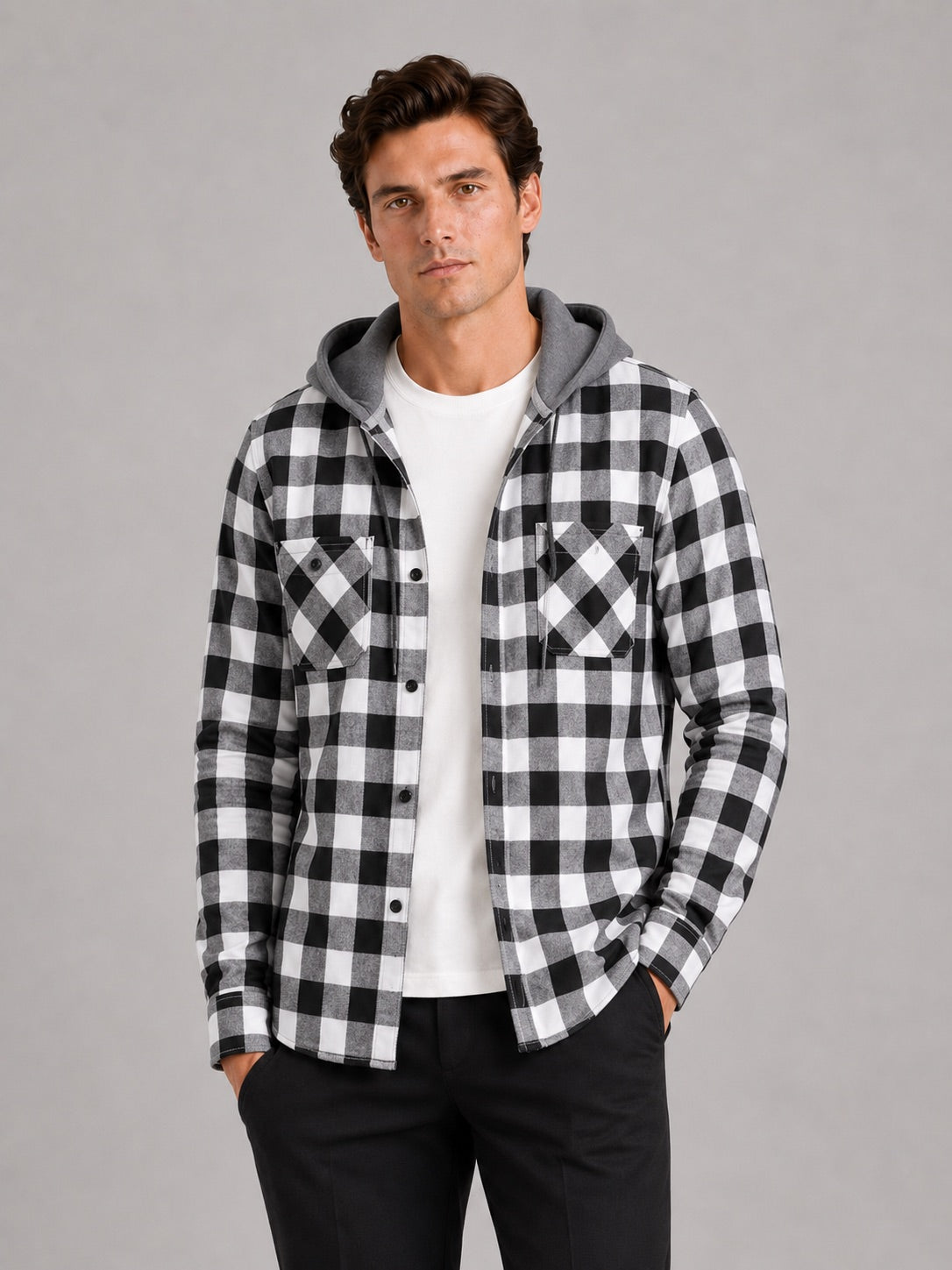 Men’s Check Hooded Flannel Autumn Jacket Long Sleeve Button-Down Flannel for Autumn Casual Steetwear and Outdoor Wear