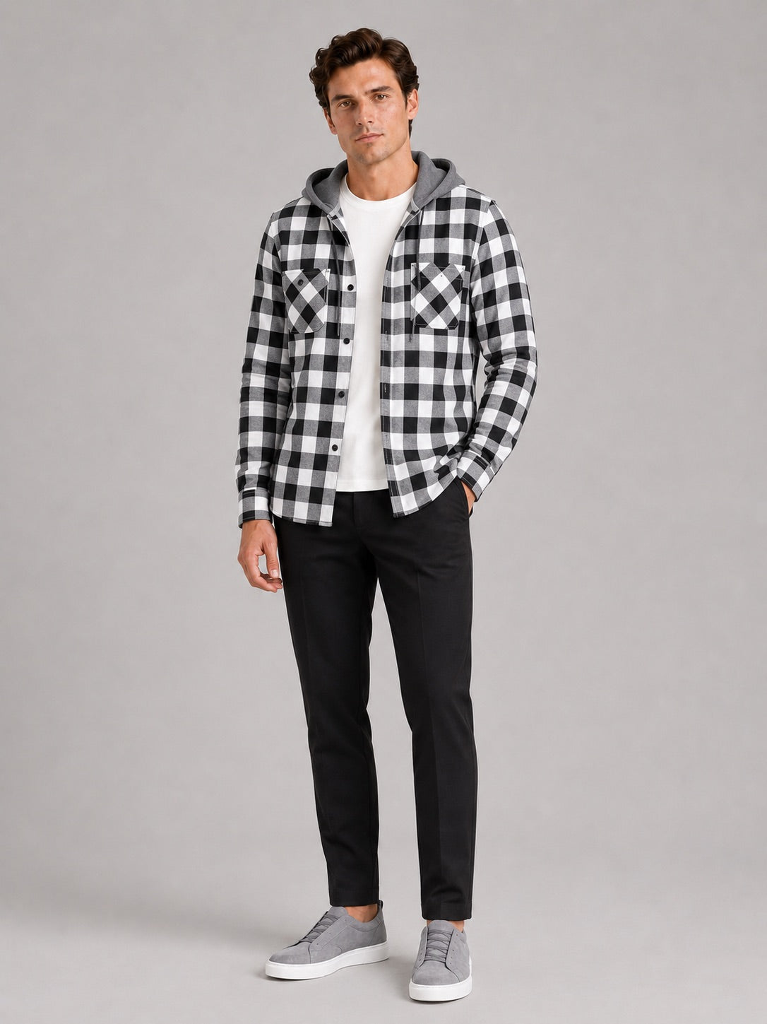 Men’s Check Hooded Flannel Autumn Jacket Long Sleeve Button-Down Flannel for Autumn Casual Steetwear and Outdoor Wear