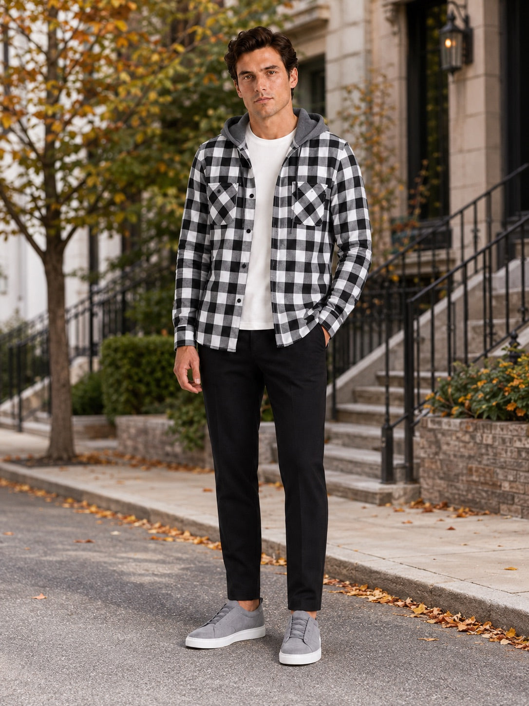 Men’s Check Hooded Flannel Autumn Jacket Long Sleeve Button-Down Flannel for Autumn Casual Steetwear and Outdoor Wear