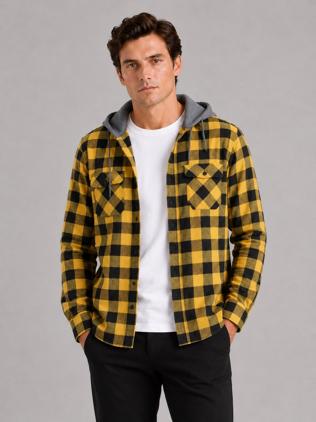 Men’s Check Hooded Flannel Autumn Jacket Long Sleeve Button-Down Flannel for Autumn Casual Steetwear and Outdoor Wear