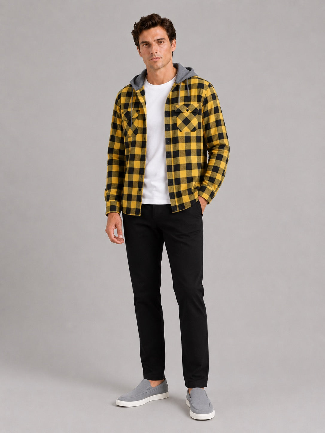 Men’s Check Hooded Flannel Autumn Jacket Long Sleeve Button-Down Flannel for Autumn Casual Steetwear and Outdoor Wear