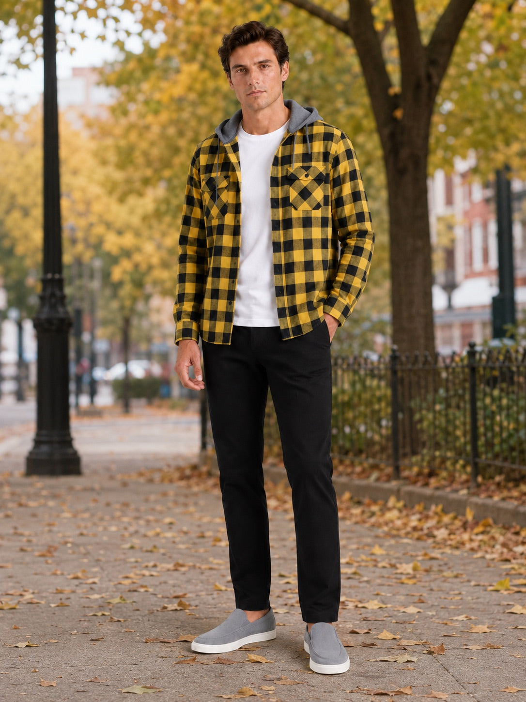 Men’s Check Hooded Flannel Autumn Jacket Long Sleeve Button-Down Flannel for Autumn Casual Steetwear and Outdoor Wear