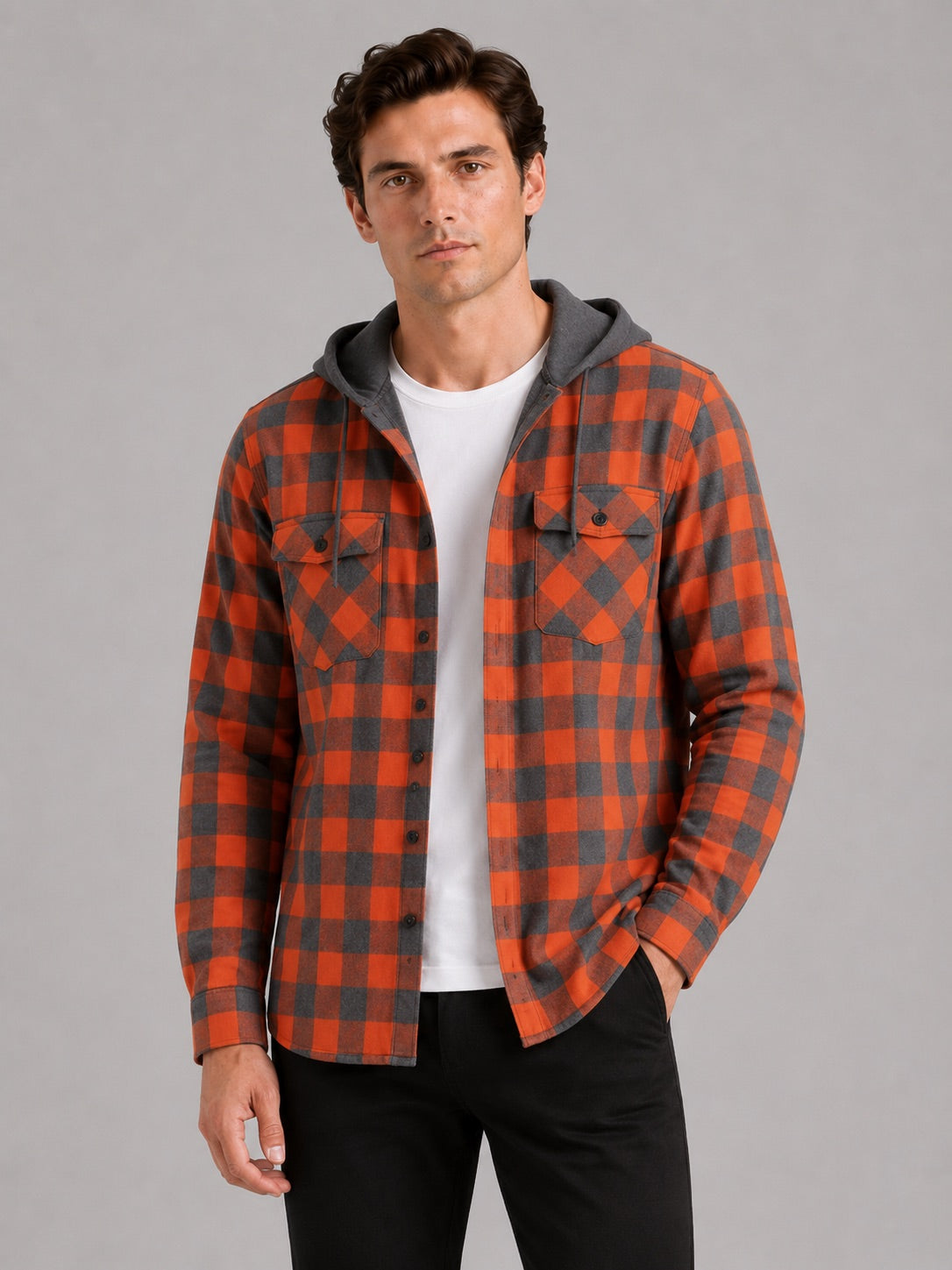 Men’s Check Hooded Flannel Autumn Jacket Long Sleeve Button-Down Flannel for Autumn Casual Steetwear and Outdoor Wear
