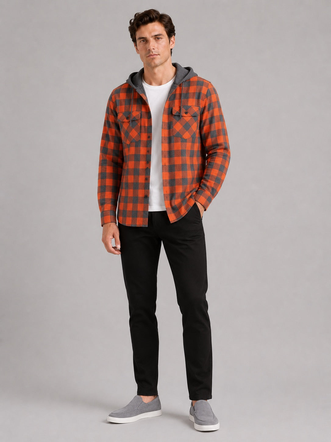 Men’s Check Hooded Flannel Autumn Jacket Long Sleeve Button-Down Flannel for Autumn Casual Steetwear and Outdoor Wear