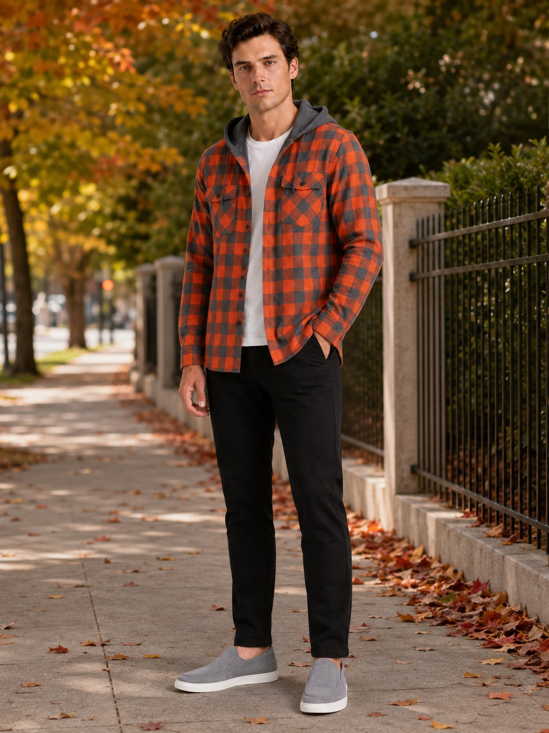 Men’s Check Hooded Flannel Autumn Jacket Long Sleeve Button-Down Flannel for Autumn Casual Steetwear and Outdoor Wear