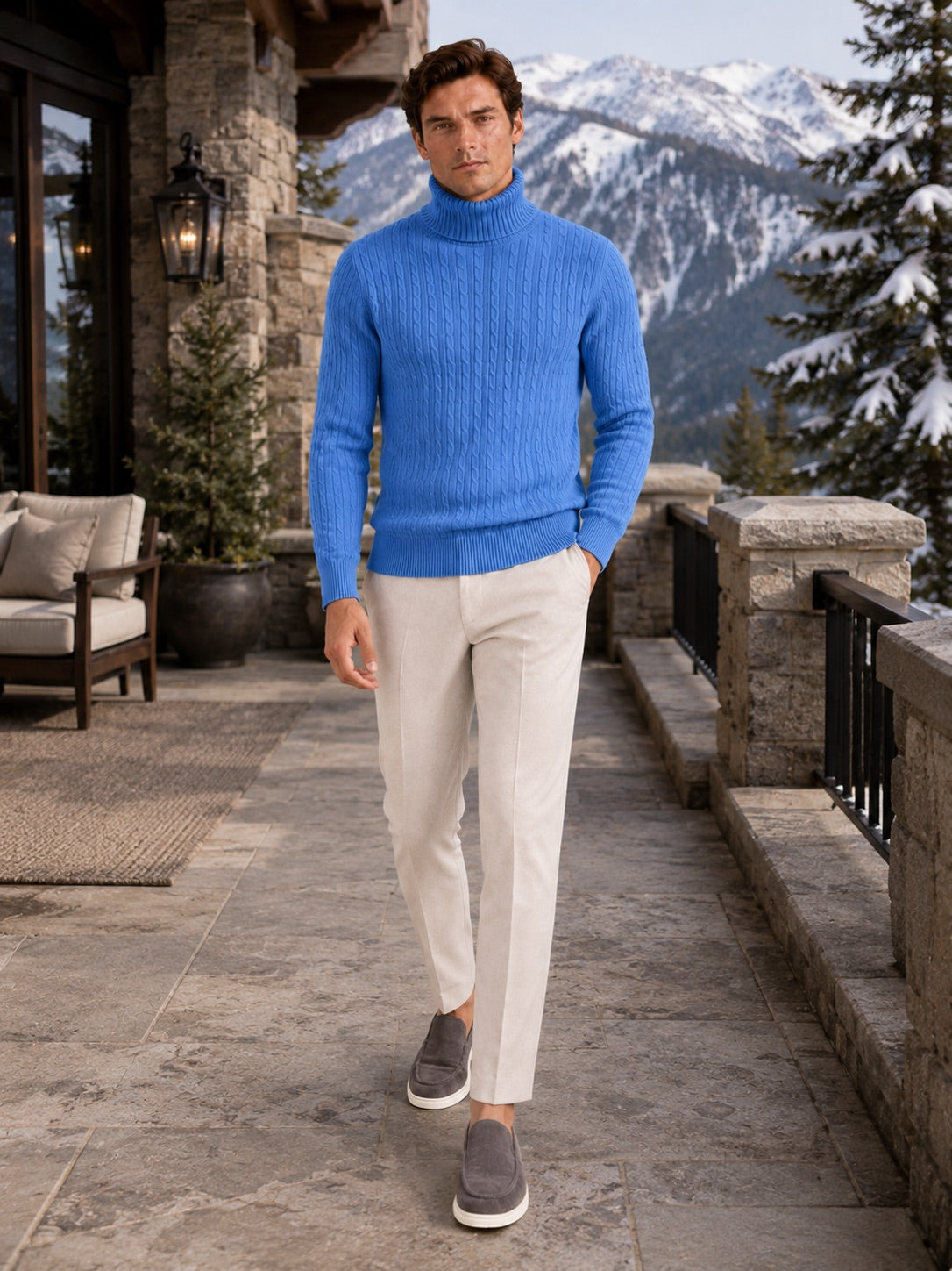 Men’s Cable Knit Roll Neck Jumper Slim Fit Heavyweight Winter Pullover for Casual and Everyday Wear