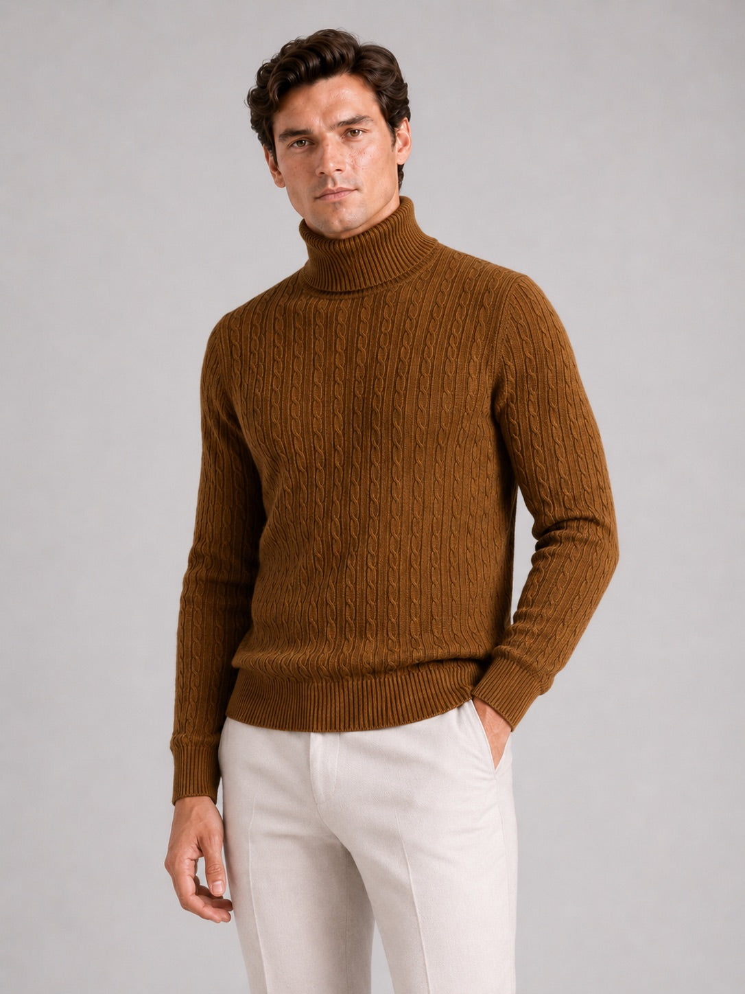 Men’s Cable Knit Roll Neck Jumper Slim Fit Heavyweight Winter Pullover for Casual and Everyday Wear
