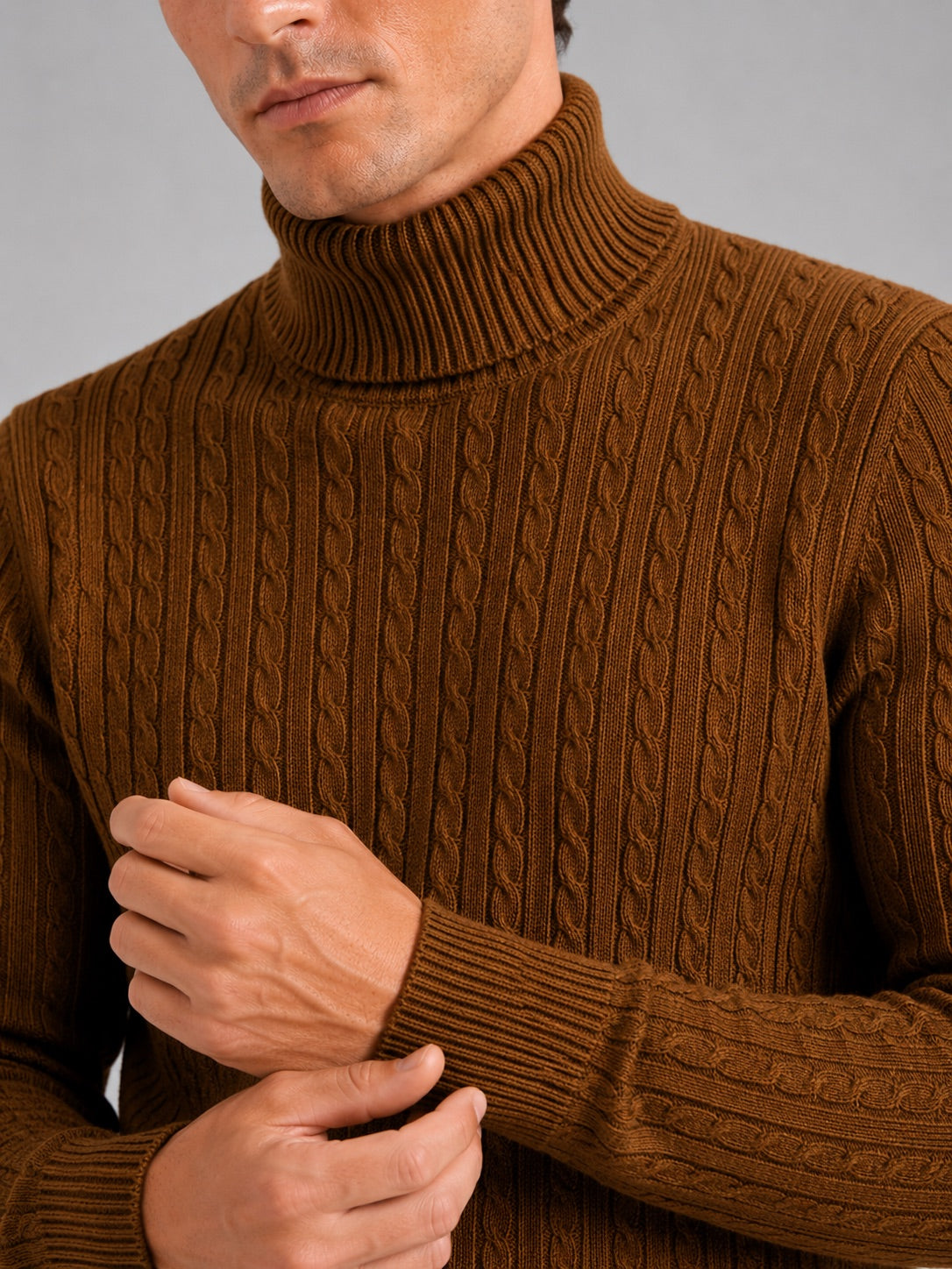 Men’s Cable Knit Roll Neck Jumper Slim Fit Heavyweight Winter Pullover for Casual and Everyday Wear