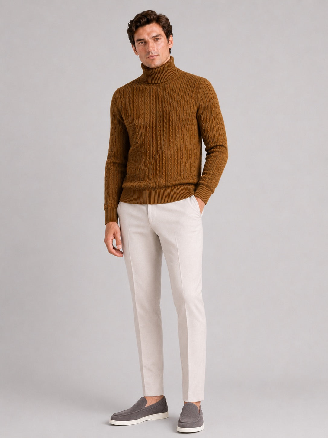 Men’s Cable Knit Roll Neck Jumper Slim Fit Heavyweight Winter Pullover for Casual and Everyday Wear