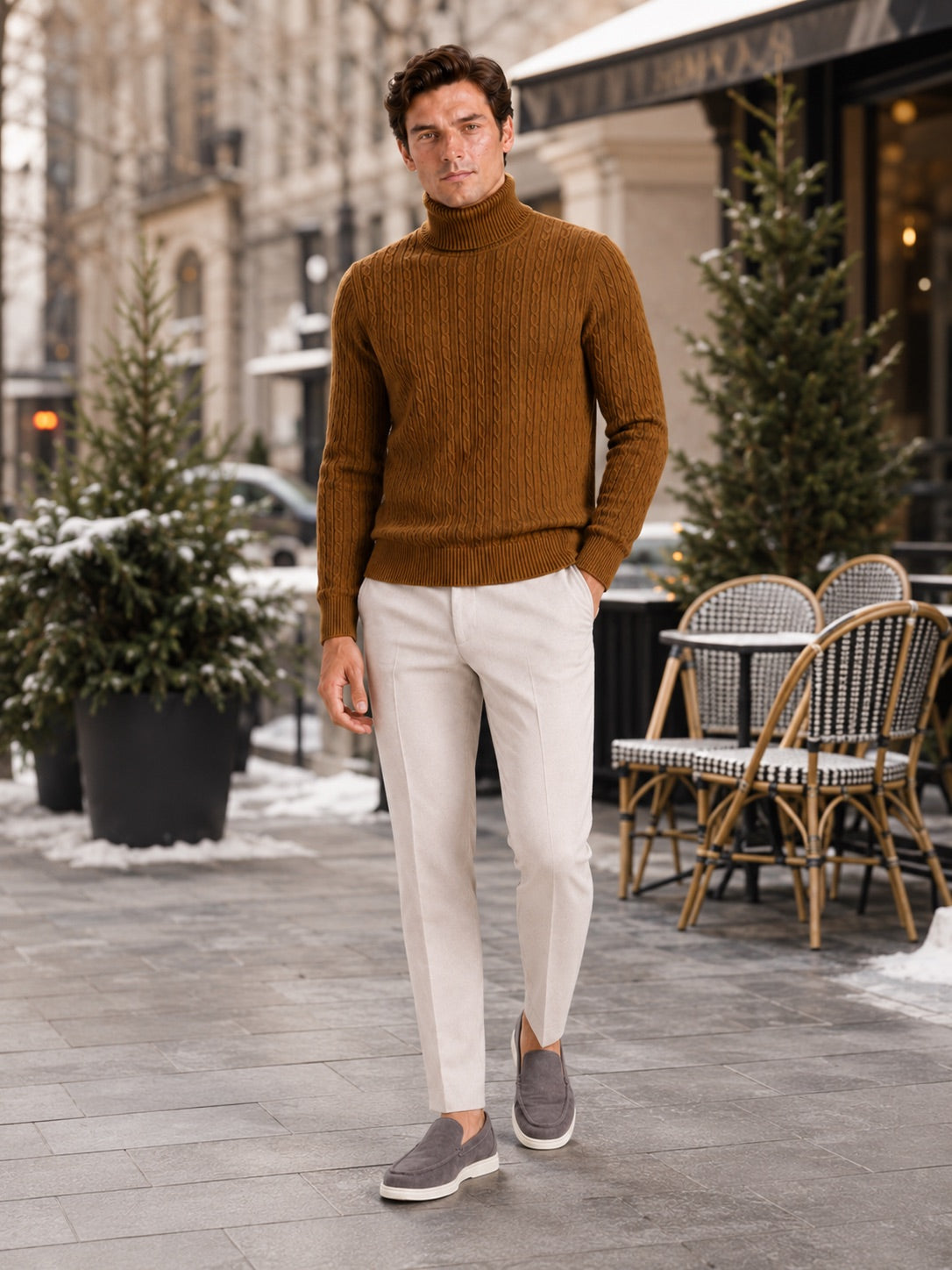 Men’s Cable Knit Roll Neck Jumper Slim Fit Heavyweight Winter Pullover for Casual and Everyday Wear