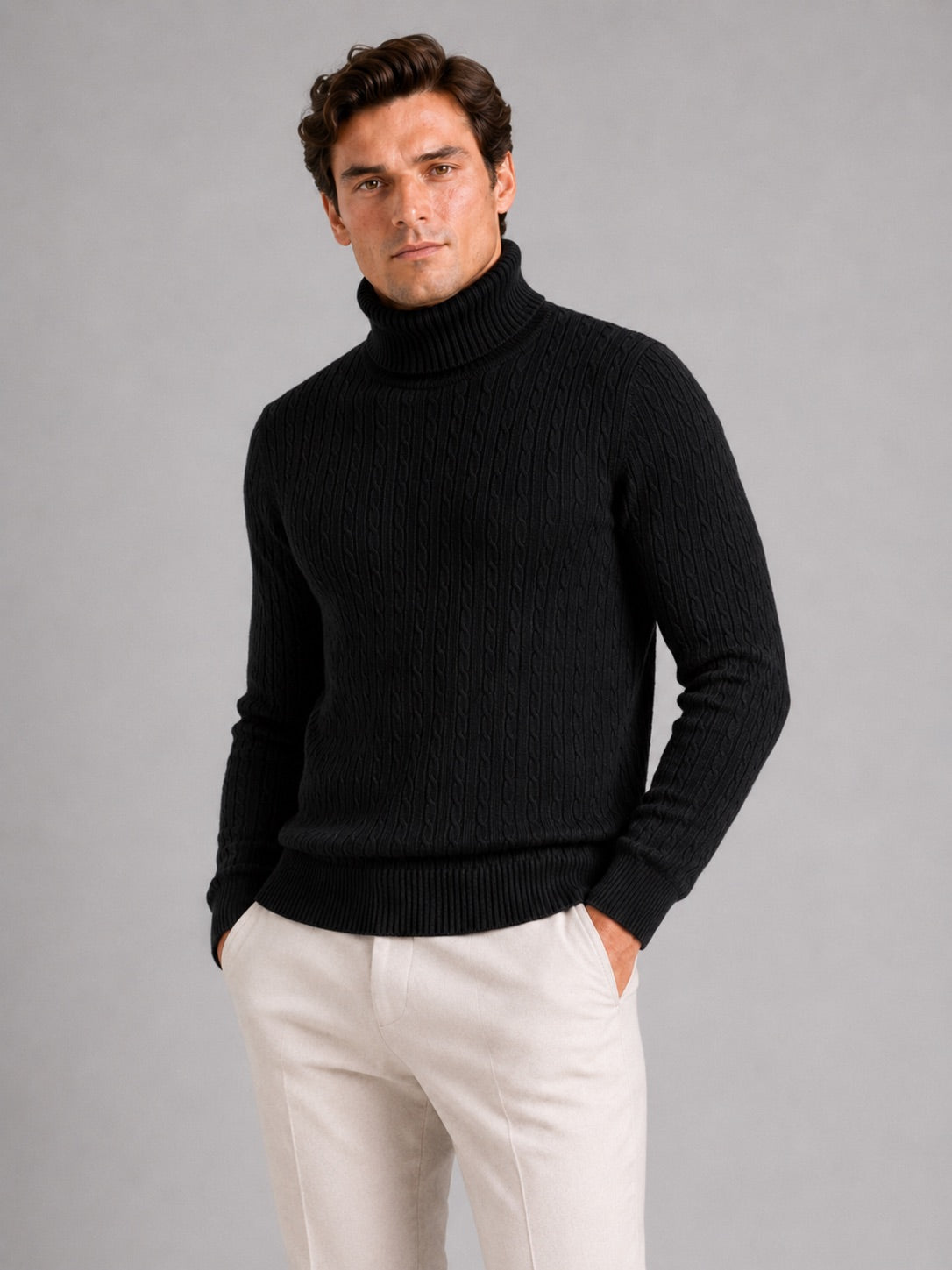 Men’s Cable Knit Roll Neck Jumper Slim Fit Heavyweight Winter Pullover for Casual and Everyday Wear