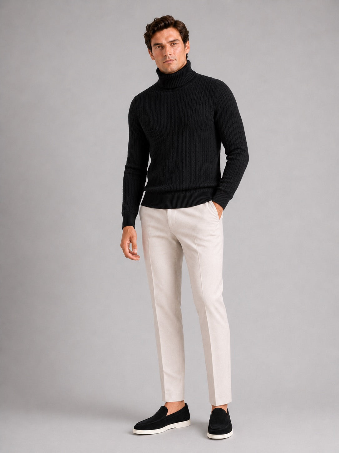 Men’s Cable Knit Roll Neck Jumper Slim Fit Heavyweight Winter Pullover for Casual and Everyday Wear