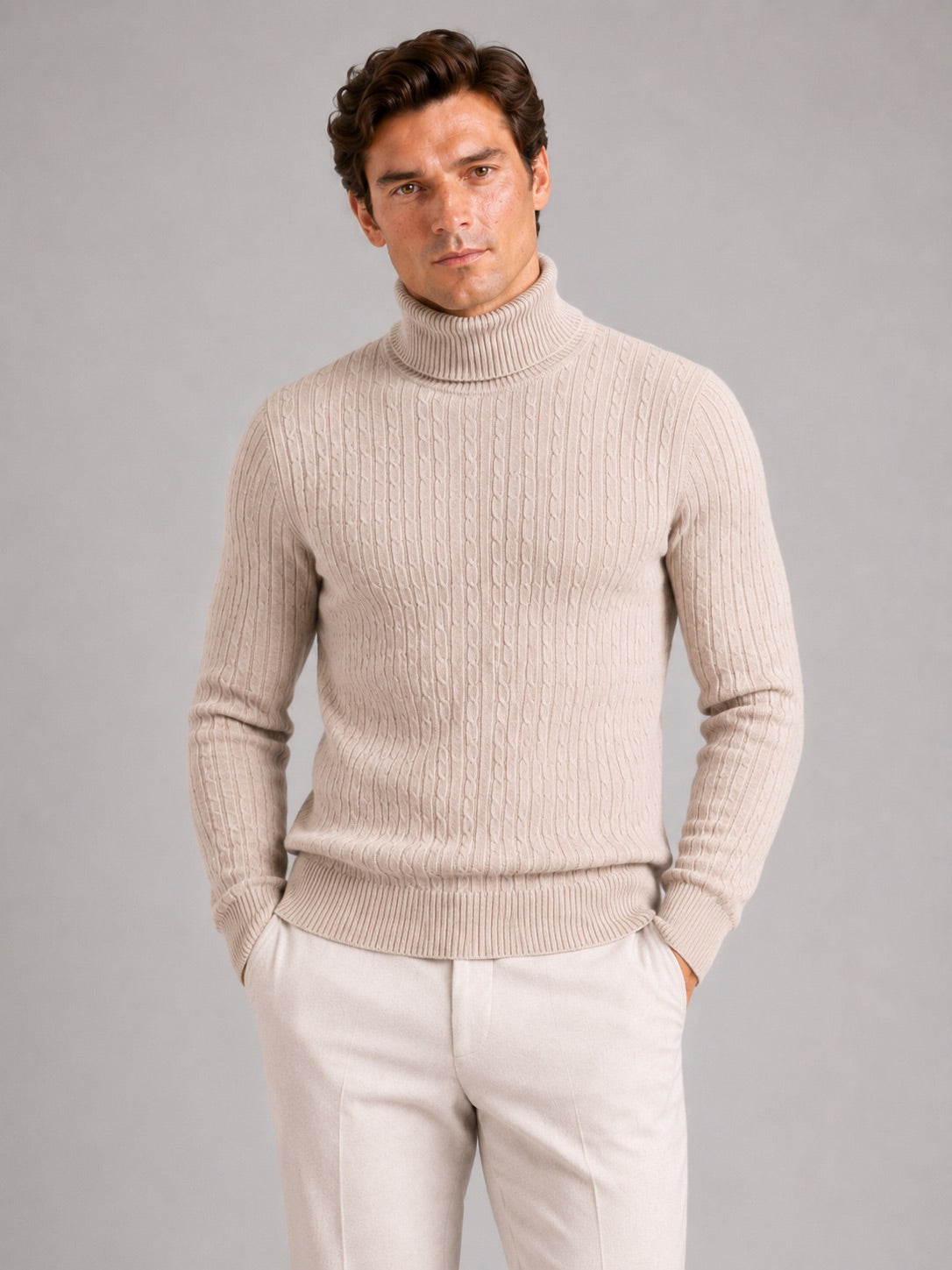 Men’s Cable Knit Roll Neck Jumper Slim Fit Heavyweight Winter Pullover for Casual and Everyday Wear