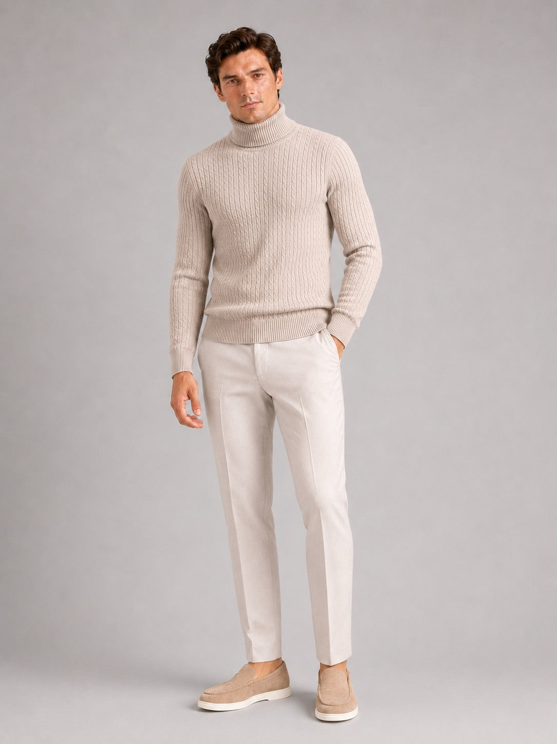 Men’s Cable Knit Roll Neck Jumper Slim Fit Heavyweight Winter Pullover for Casual and Everyday Wear