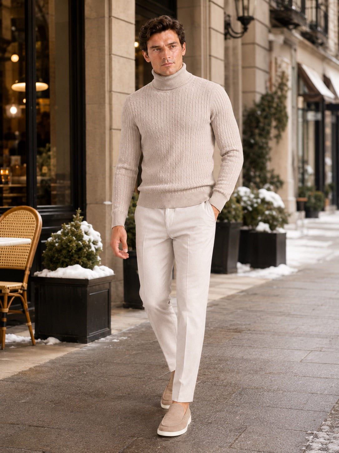 Men’s Cable Knit Roll Neck Jumper Slim Fit Heavyweight Winter Pullover for Casual and Everyday Wear