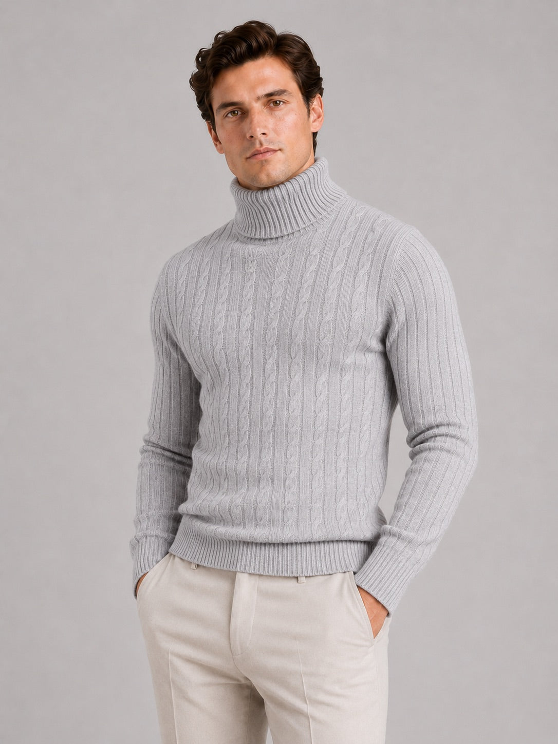 Men’s Cable Knit Roll Neck Jumper Slim Fit Heavyweight Winter Pullover for Casual and Everyday Wear