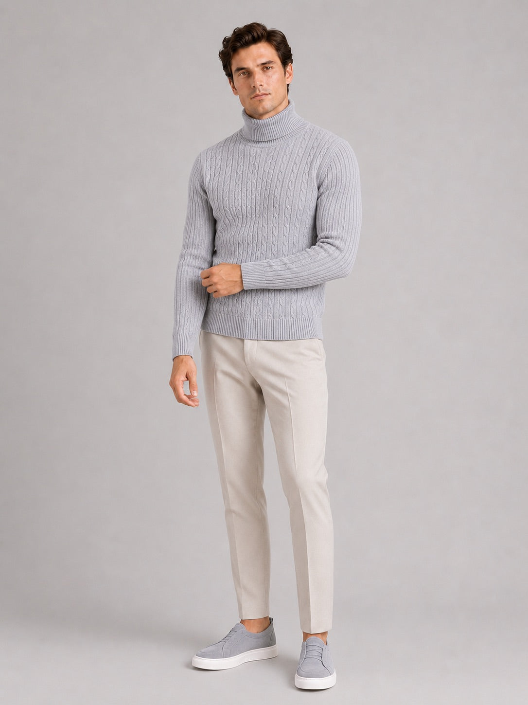 Men’s Cable Knit Roll Neck Jumper Slim Fit Heavyweight Winter Pullover for Casual and Everyday Wear