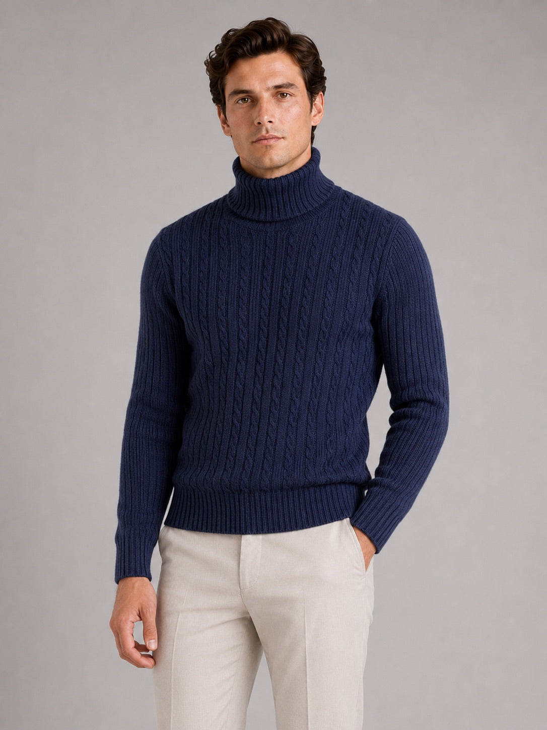Men’s Cable Knit Roll Neck Jumper Slim Fit Heavyweight Winter Pullover for Casual and Everyday Wear