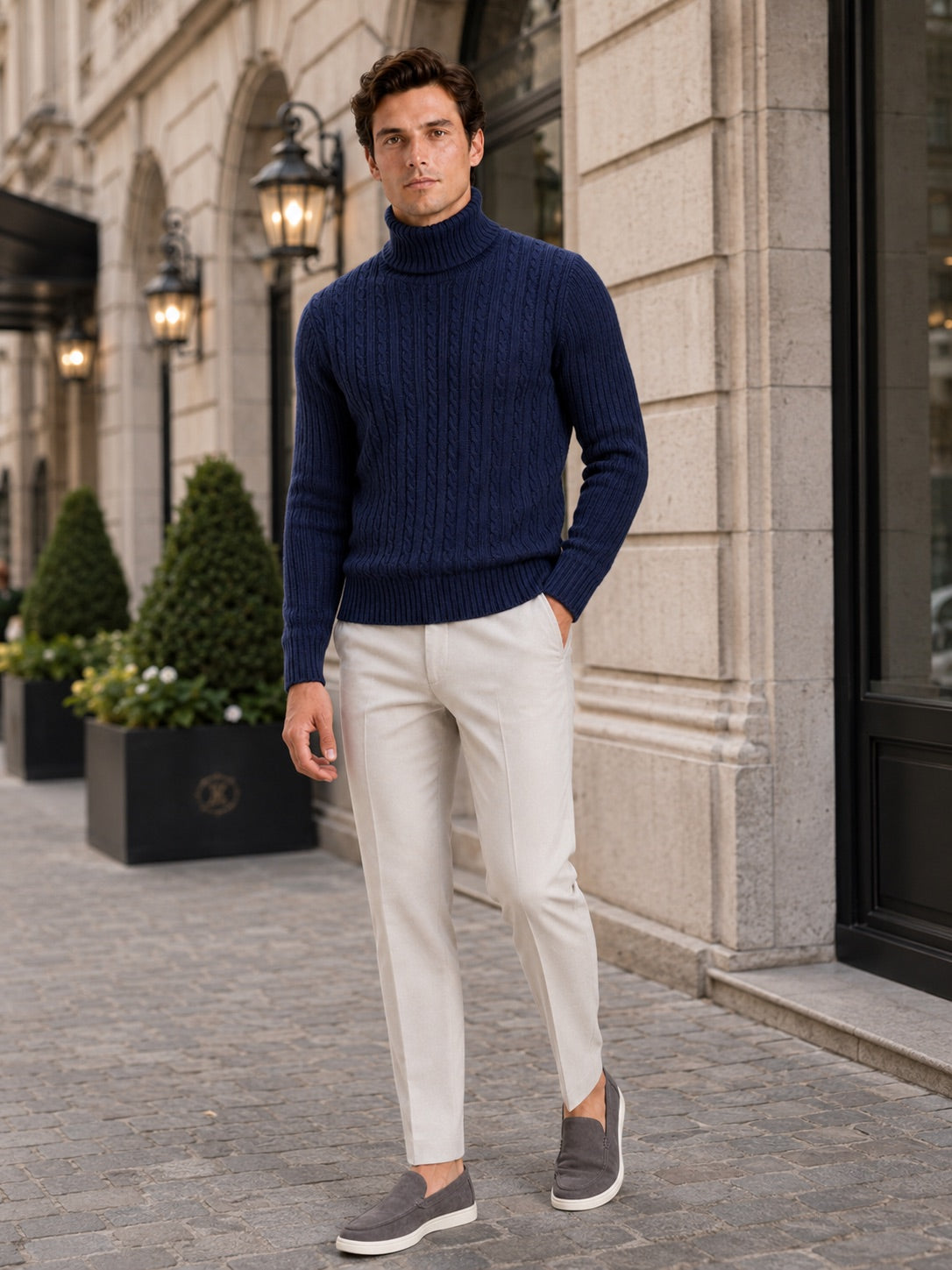 Men’s Cable Knit Roll Neck Jumper Slim Fit Heavyweight Winter Pullover for Casual and Everyday Wear