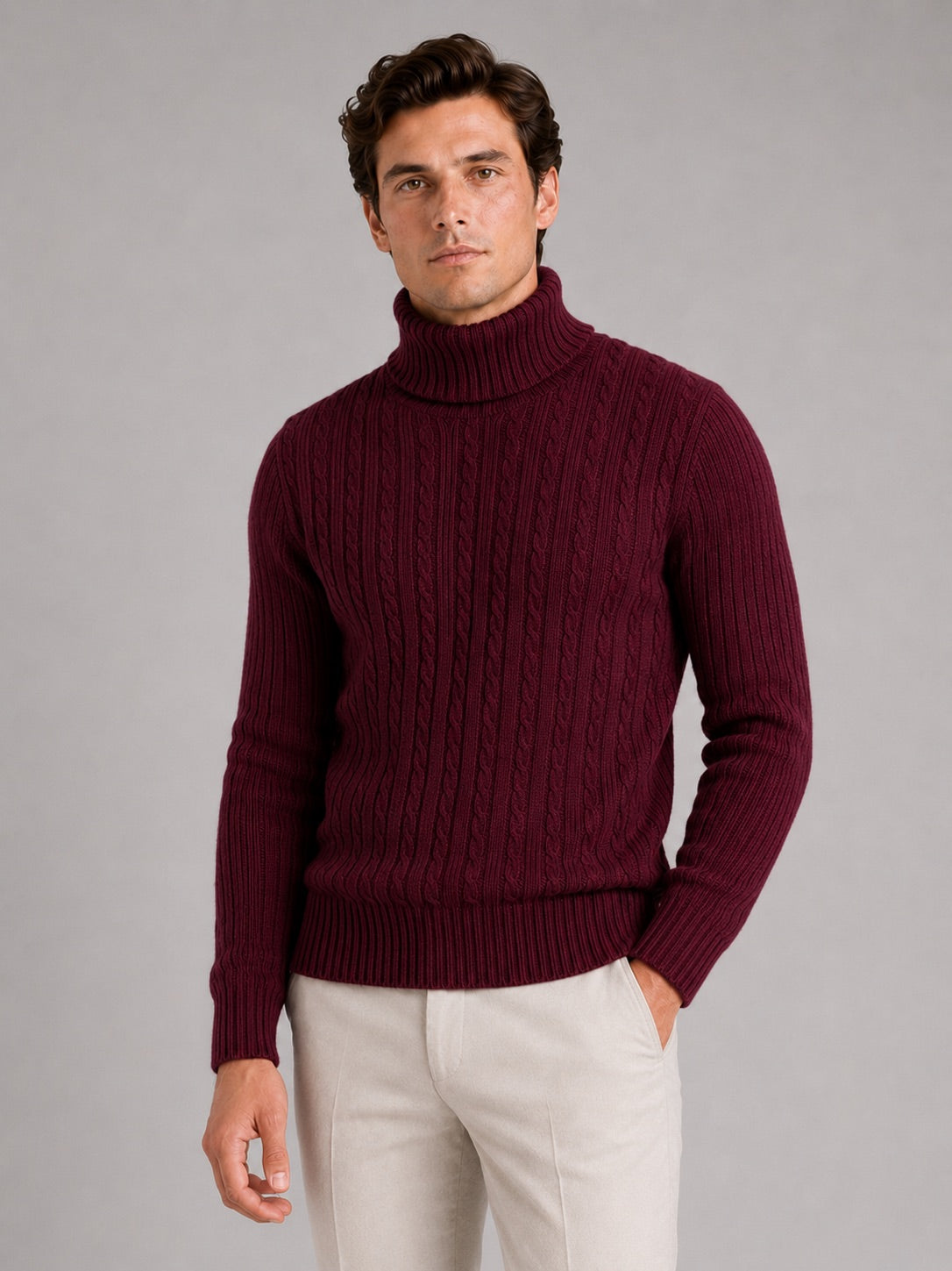Men’s Cable Knit Roll Neck Jumper Slim Fit Heavyweight Winter Pullover for Casual and Everyday Wear