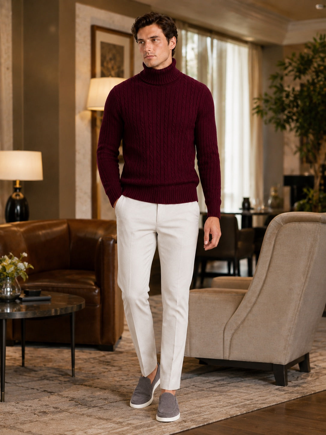 Men’s Cable Knit Roll Neck Jumper Slim Fit Heavyweight Winter Pullover for Casual and Everyday Wear
