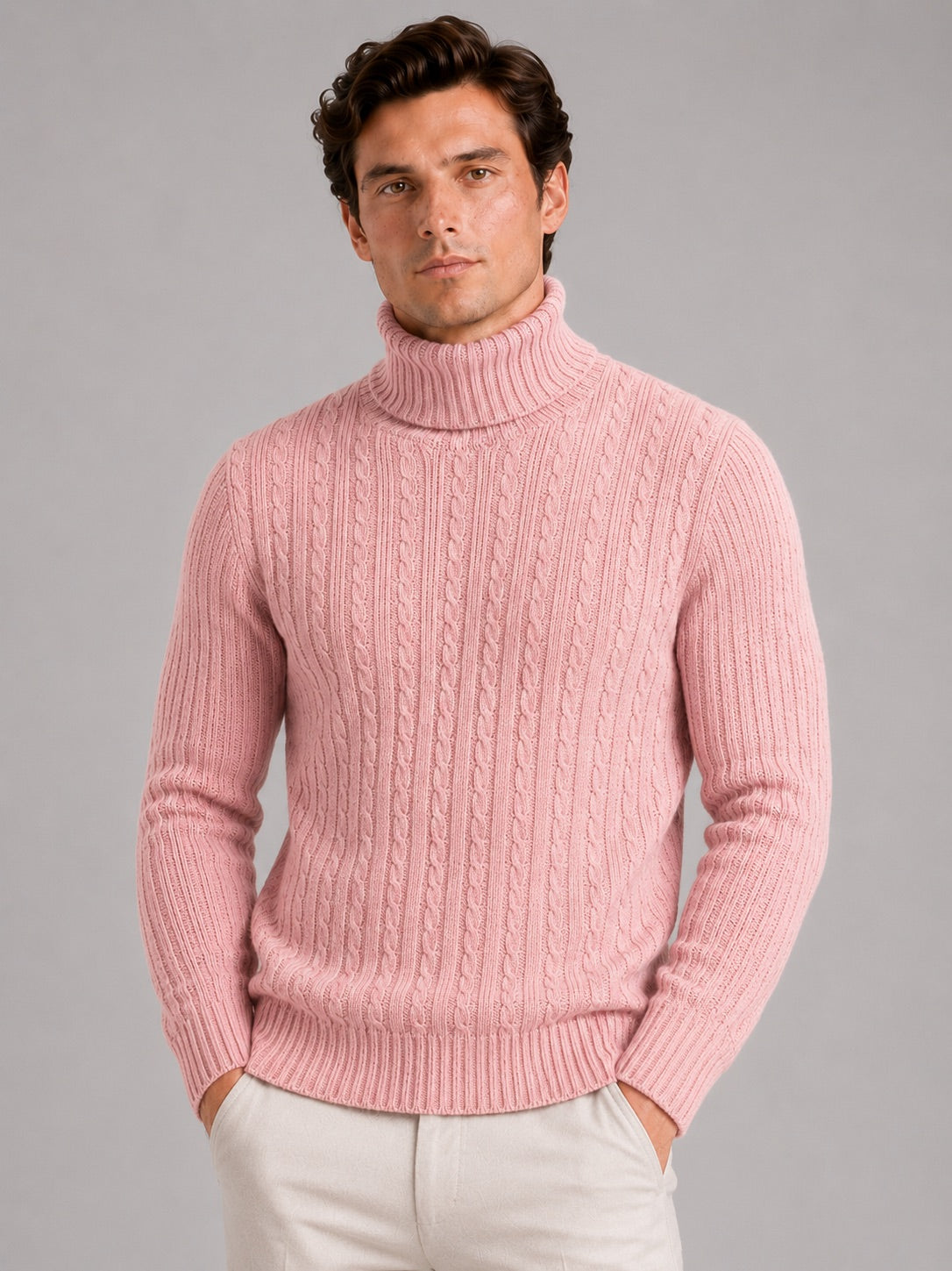 Men’s Cable Knit Roll Neck Jumper Slim Fit Heavyweight Winter Pullover for Casual and Everyday Wear