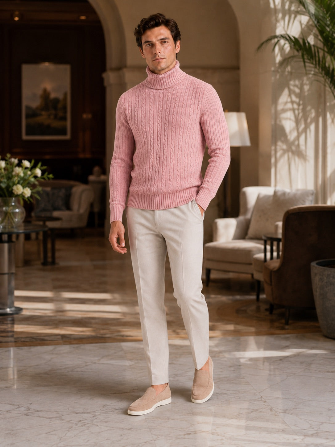 Men’s Cable Knit Roll Neck Jumper Slim Fit Heavyweight Winter Pullover for Casual and Everyday Wear