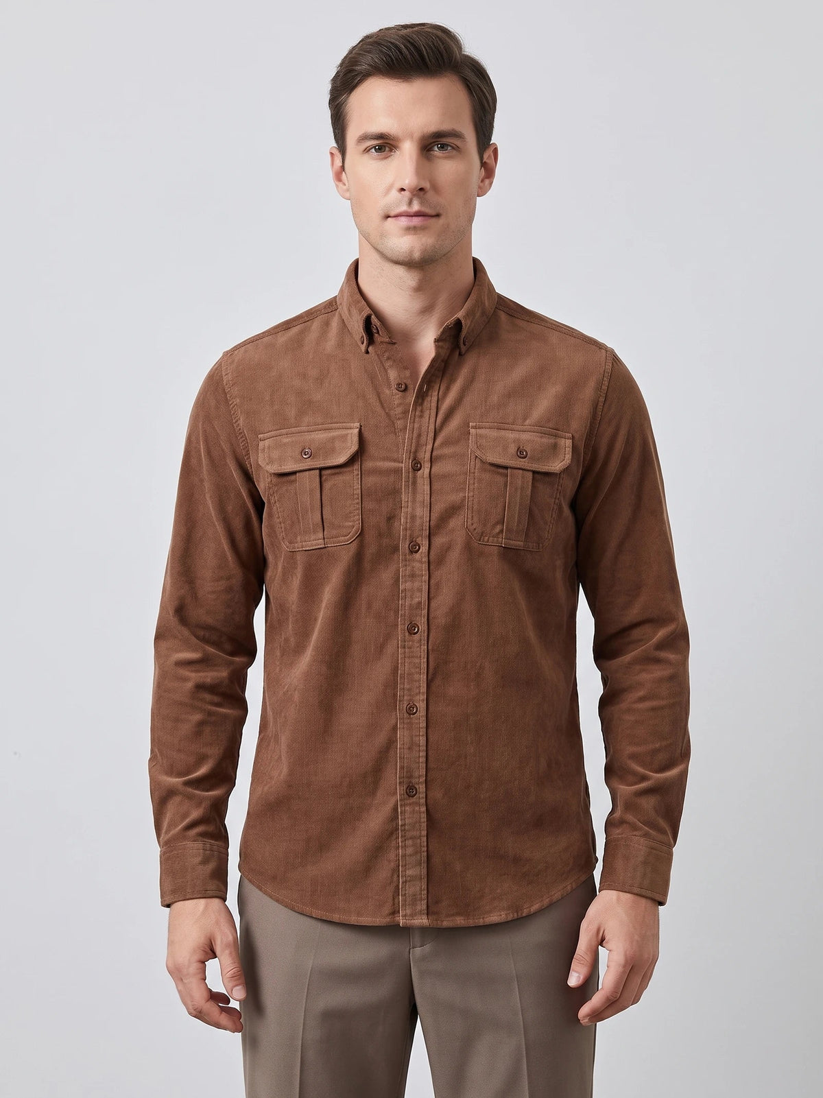 Men's Twill Tweed Shirt, Cotton Corduroy, Slim Fit Business Casual Autumn Shirt