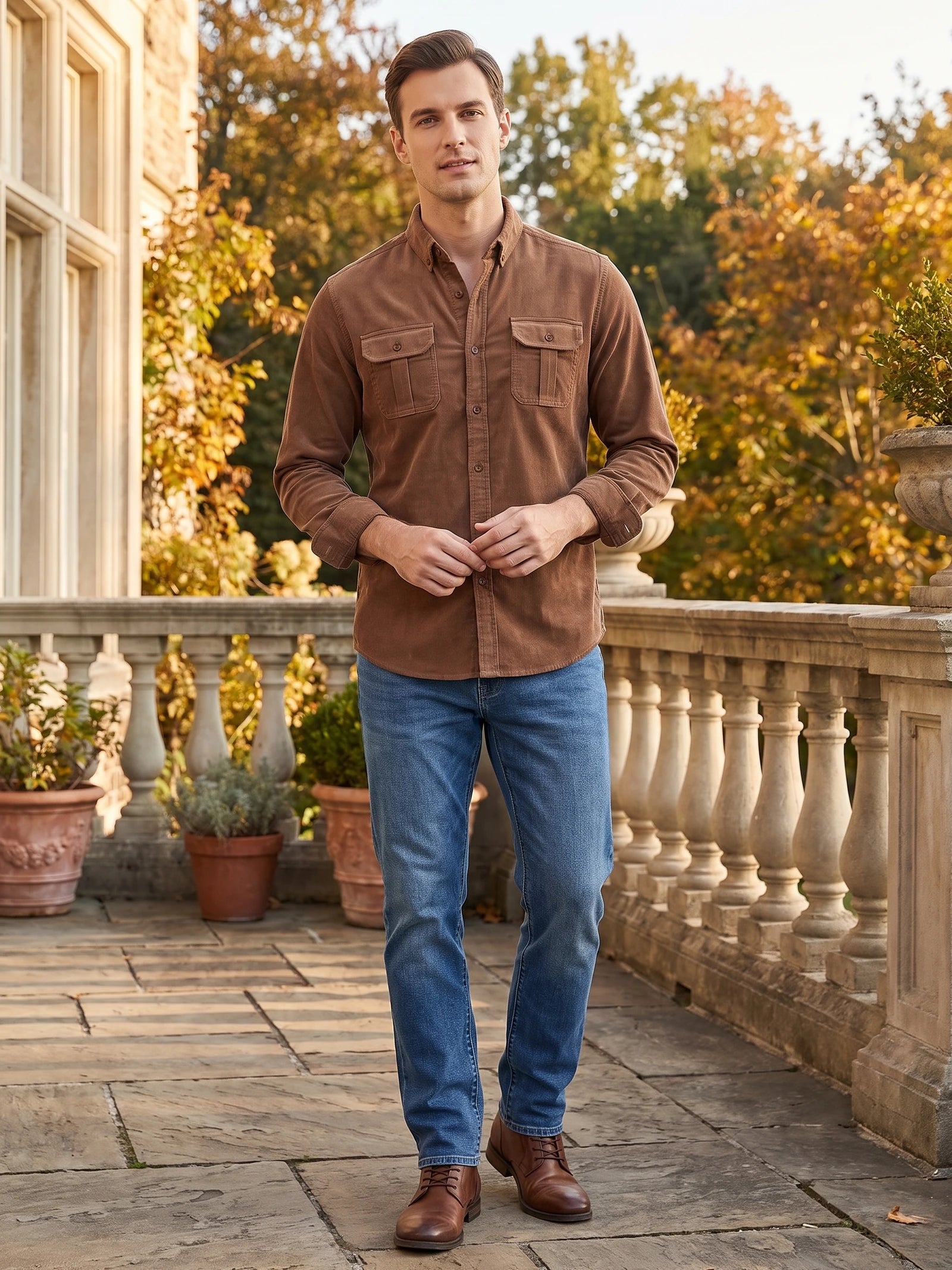 Men's Twill Tweed Shirt, Cotton Corduroy, Slim Fit Business Casual Autumn Shirt