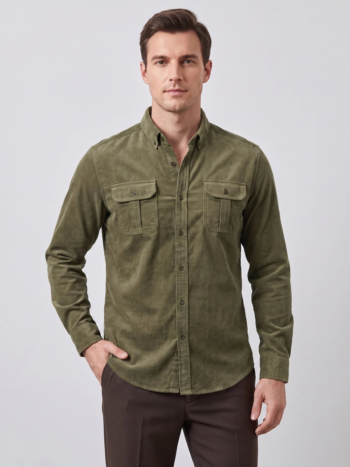 Men's Twill Tweed Shirt, Cotton Corduroy, Slim Fit Business Casual Autumn Shirt