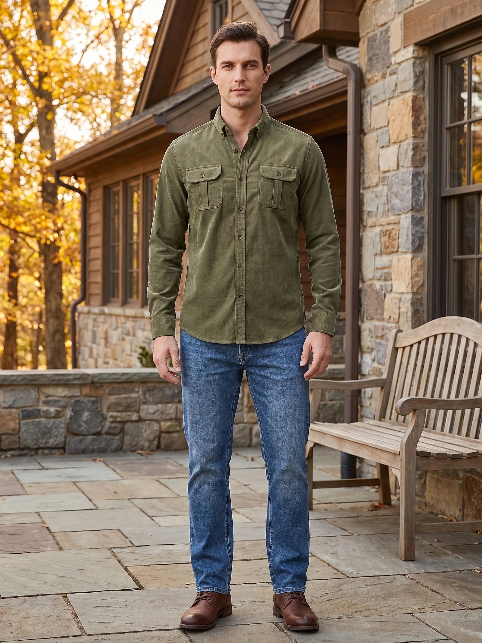 Men's Twill Tweed Shirt, Cotton Corduroy, Slim Fit Business Casual Autumn Shirt