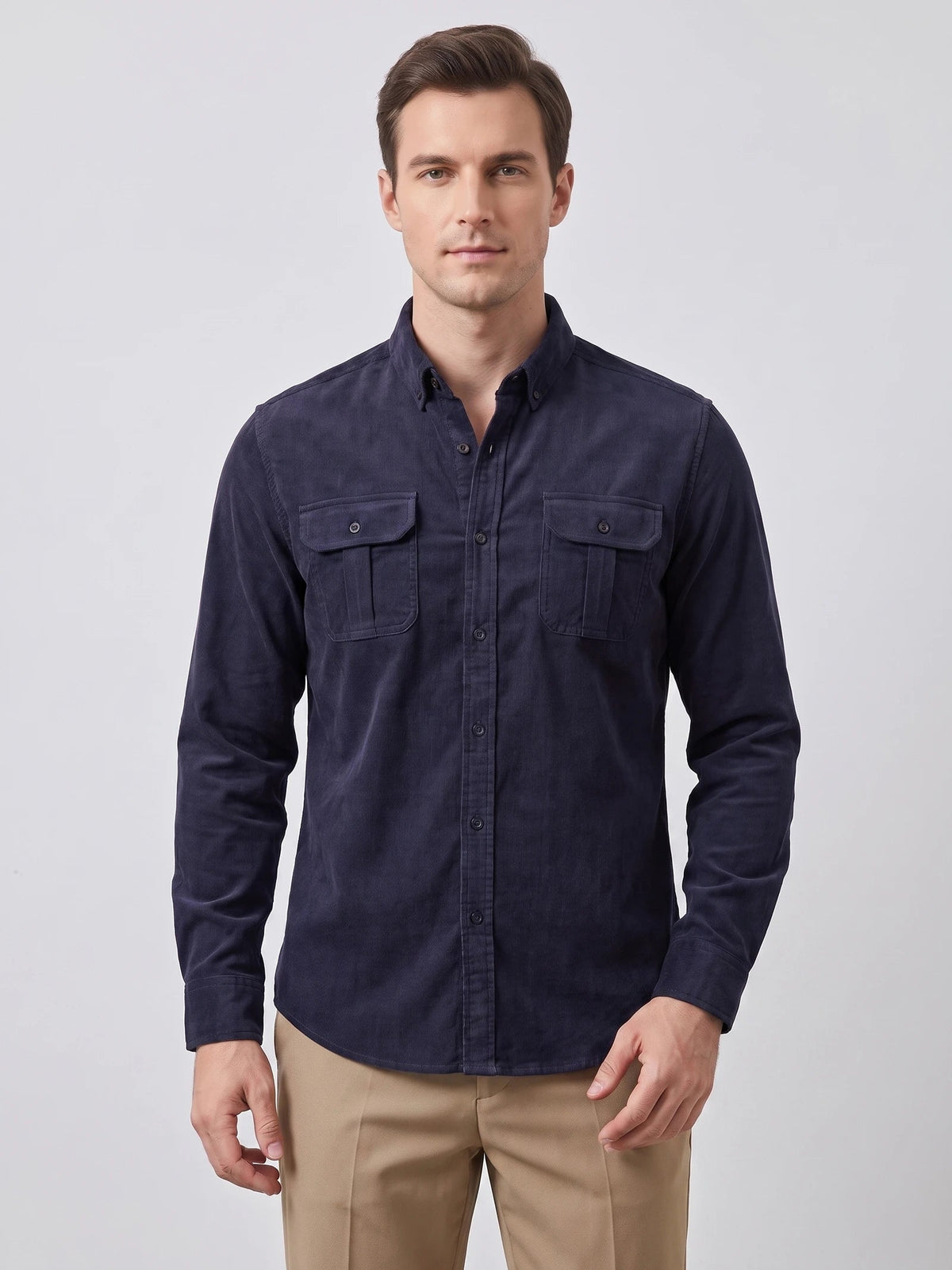Men's Twill Tweed Shirt, Cotton Corduroy, Slim Fit Business Casual Autumn Shirt