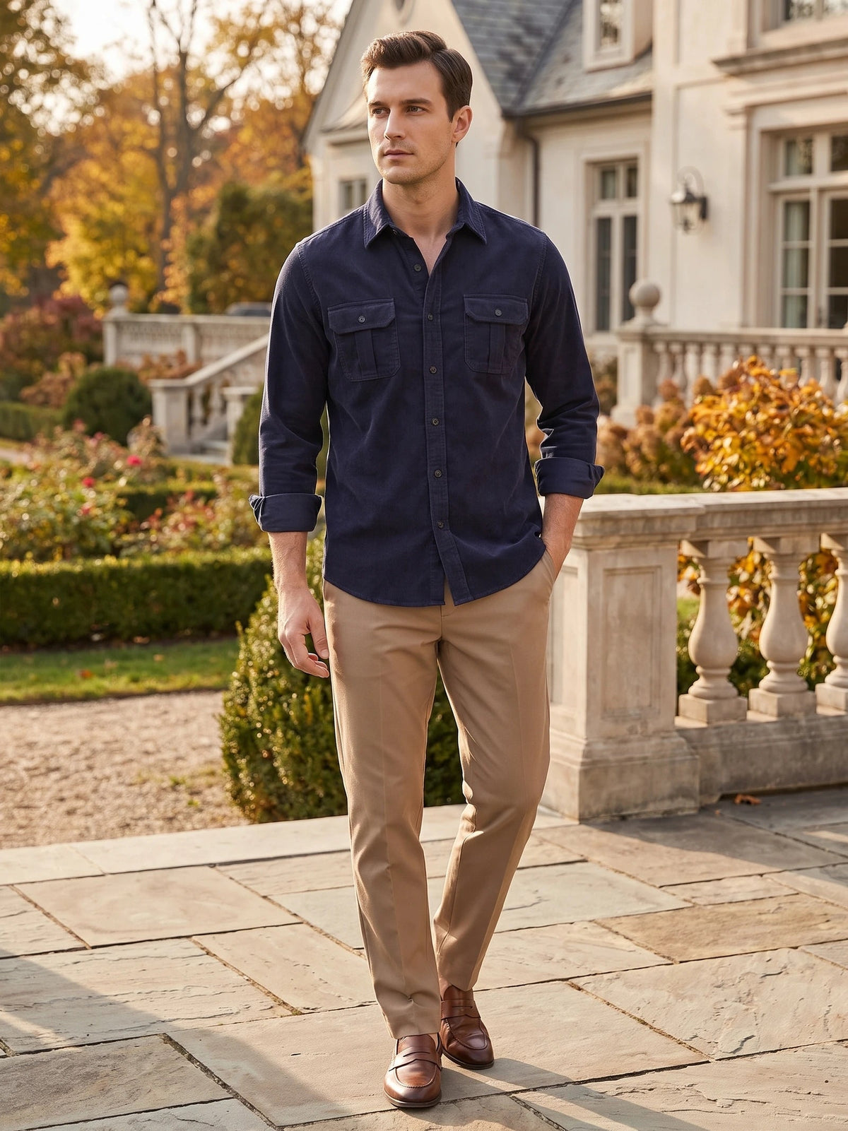 Men's Twill Tweed Shirt, Cotton Corduroy, Slim Fit Business Casual Autumn Shirt