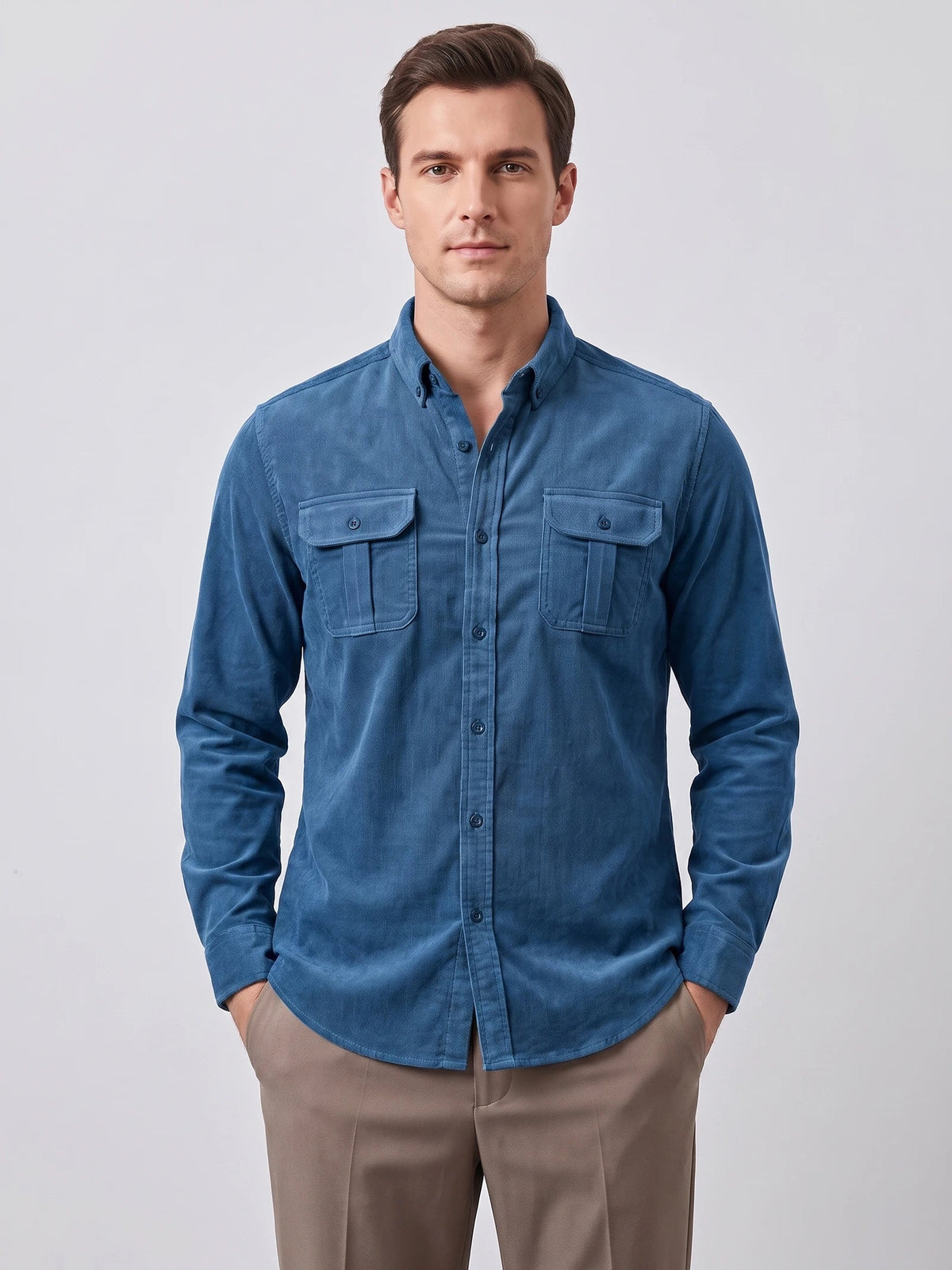 Men's Twill Tweed Shirt, Cotton Corduroy, Slim Fit Business Casual Autumn Shirt