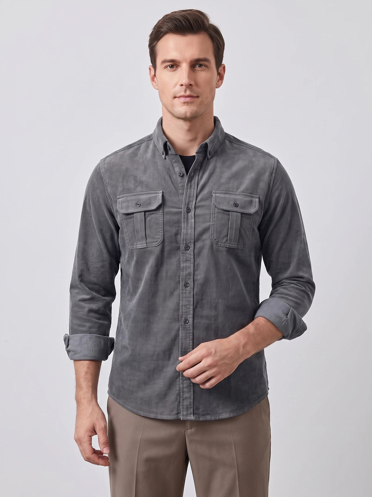 Men's Twill Tweed Shirt, Cotton Corduroy, Slim Fit Business Casual Autumn Shirt