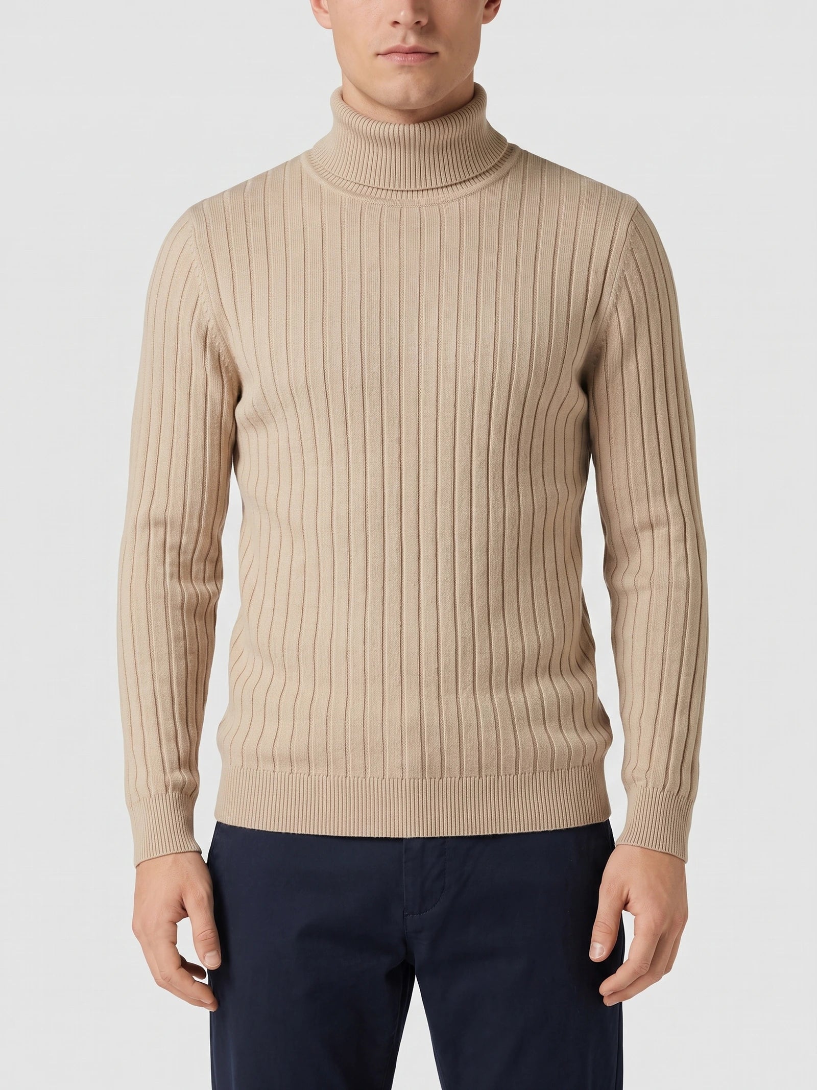 Men's Roll Neck Jumper, Solid Colour Striped Knit Pullover for Winter Casual Wear