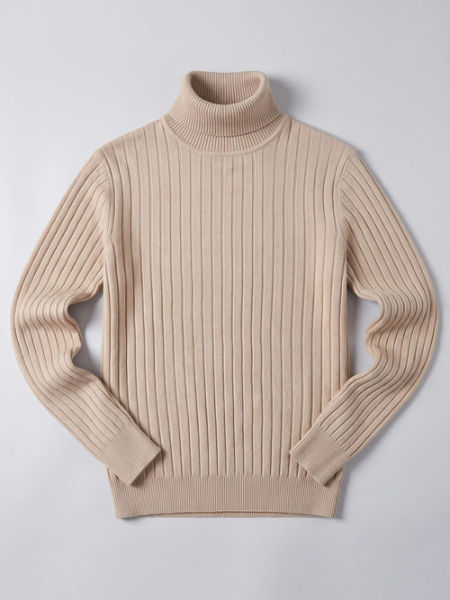 Men's Roll Neck Jumper, Solid Colour Striped Knit Pullover for Winter Casual Wear