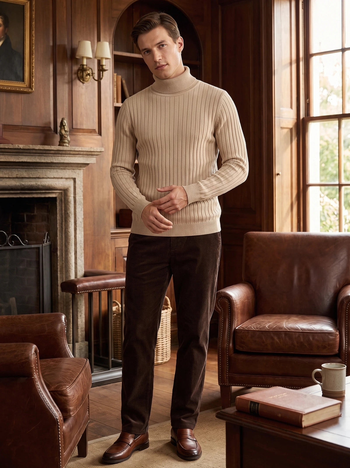 Men's Roll Neck Jumper, Solid Colour Striped Knit Pullover for Winter Casual Wear