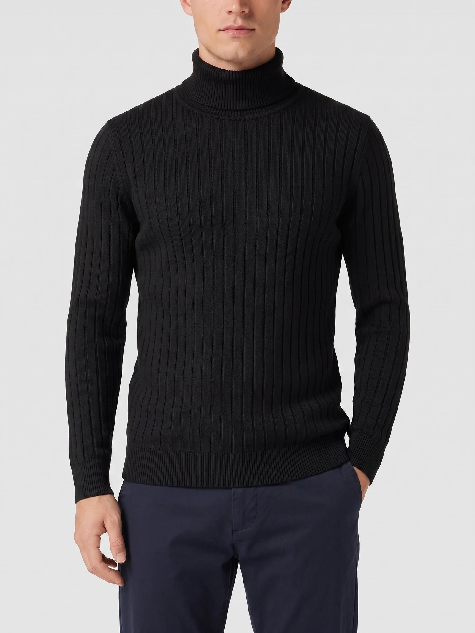Men's Roll Neck Jumper, Solid Colour Striped Knit Pullover for Winter Casual Wear