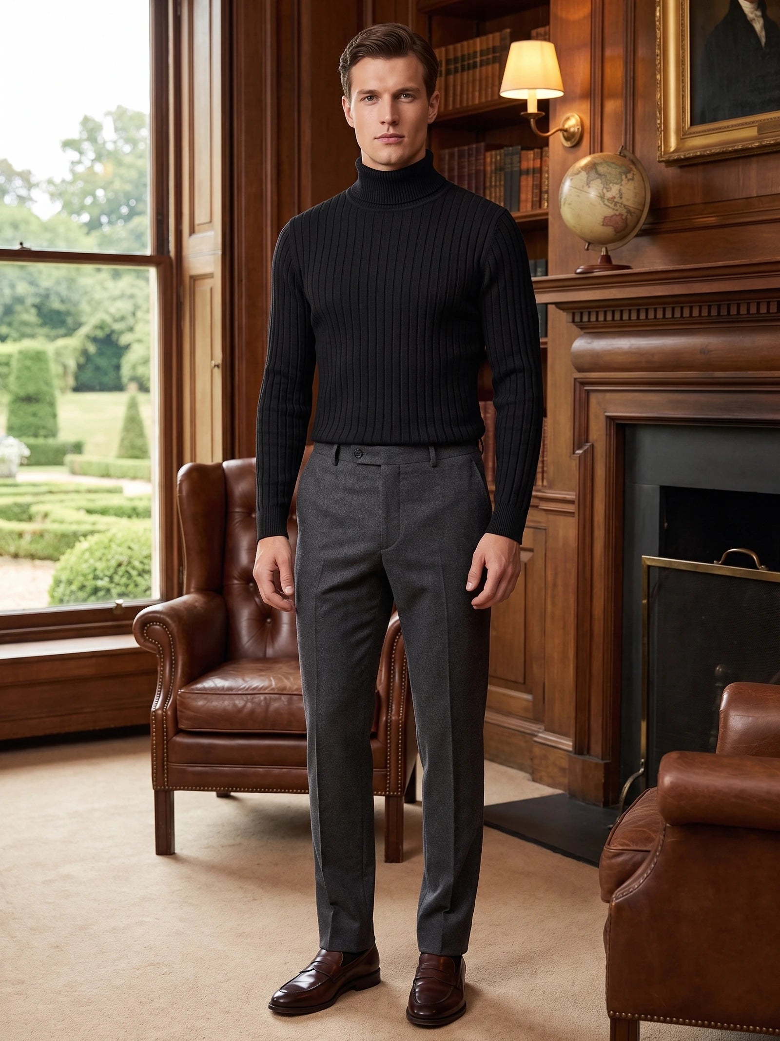 Men's Roll Neck Jumper, Solid Colour Striped Knit Pullover for Winter Casual Wear