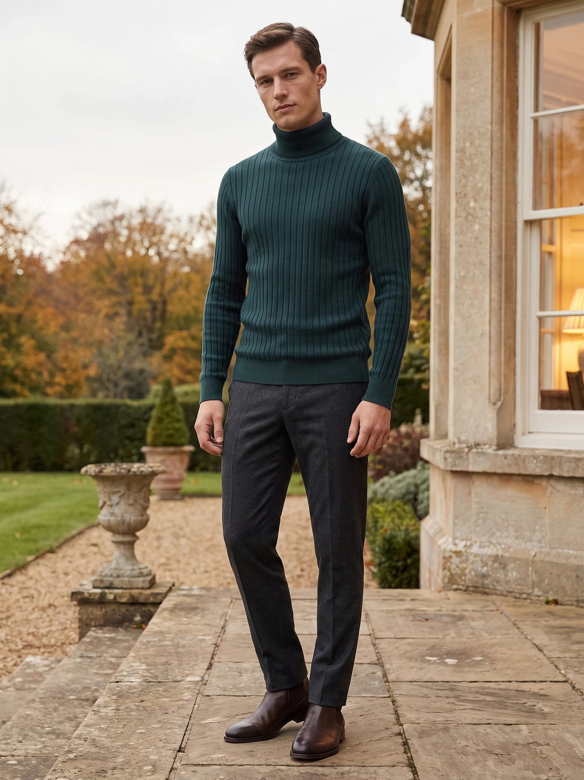 Men's Roll Neck Jumper, Solid Colour Striped Knit Pullover for Winter Casual Wear