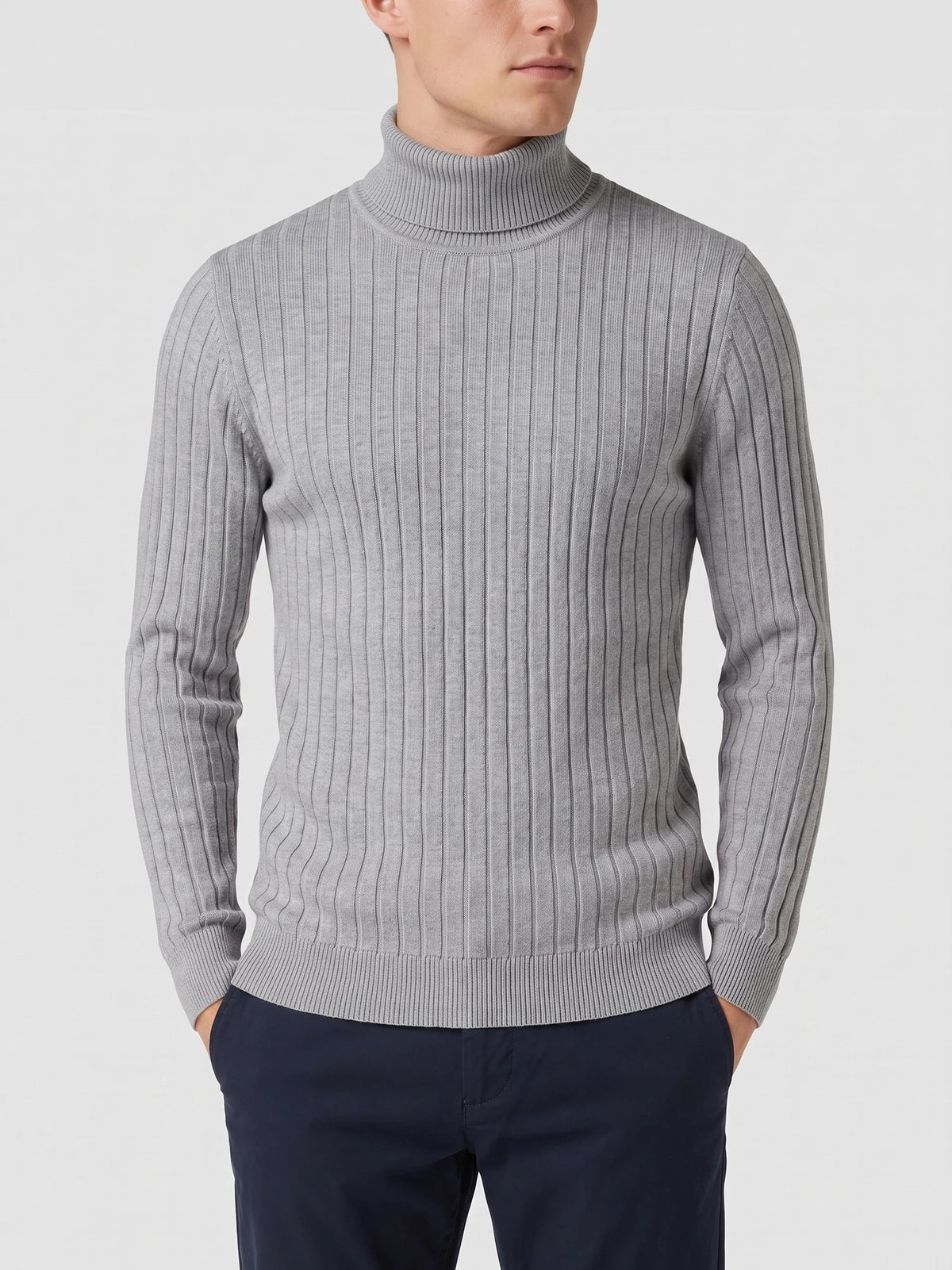 Men's Roll Neck Jumper, Solid Colour Striped Knit Pullover for Winter Casual Wear