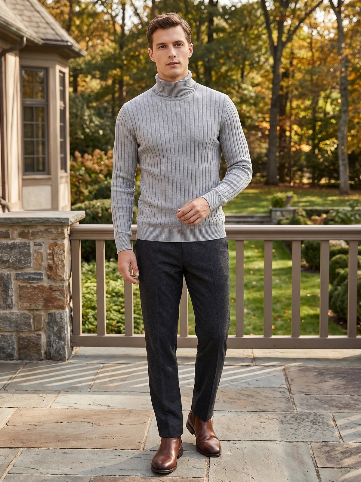 Men's Roll Neck Jumper, Solid Colour Striped Knit Pullover for Winter Casual Wear