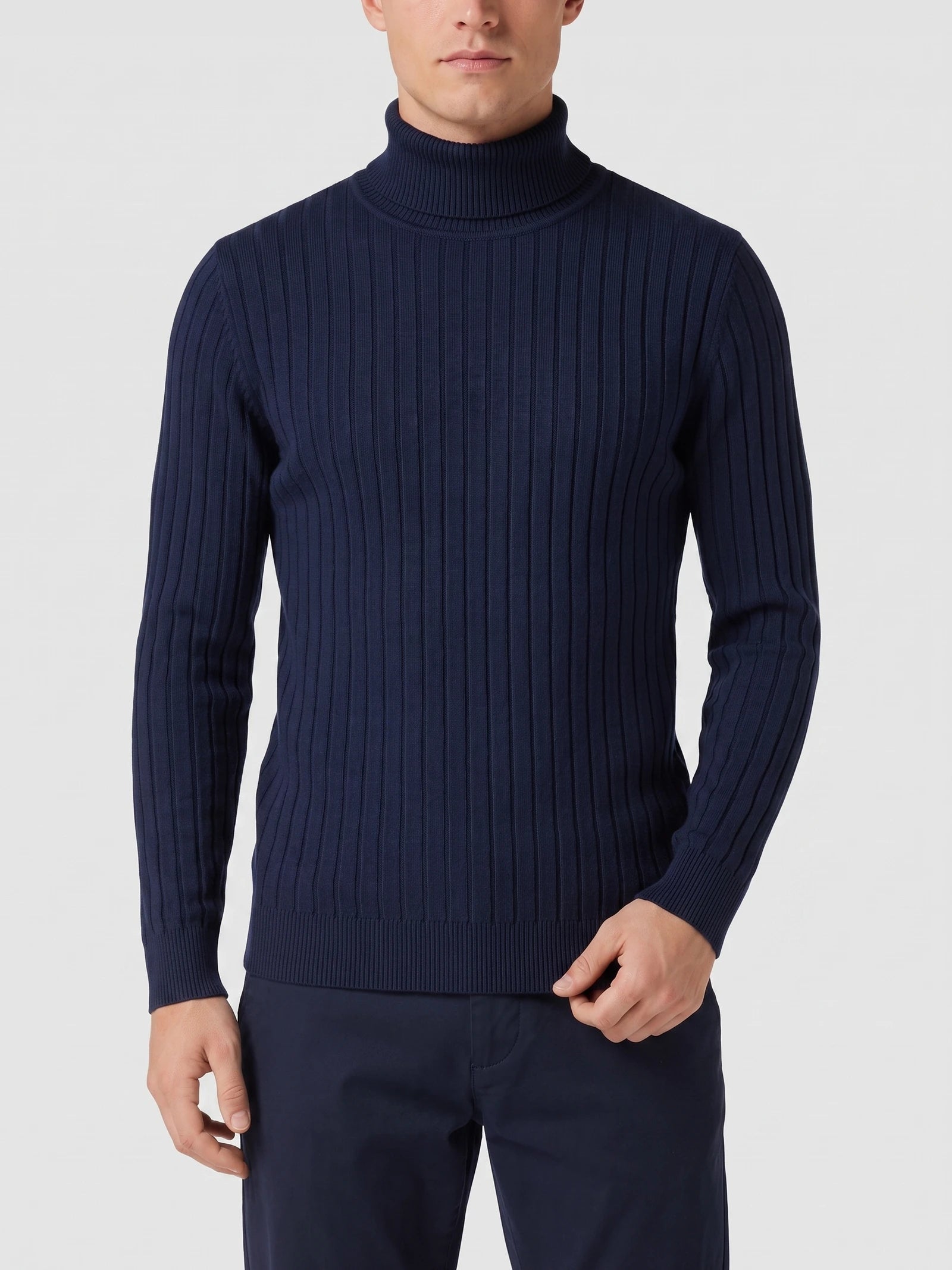 Men's Roll Neck Jumper, Solid Colour Striped Knit Pullover for Winter Casual Wear