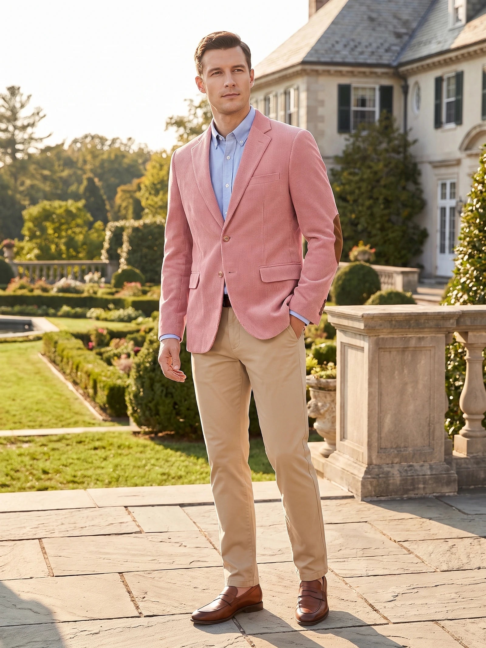 Men's Corduroy Blazer with Elbow Patches, Single-Breasted Business Casual Jacket for Spring and Autumn
